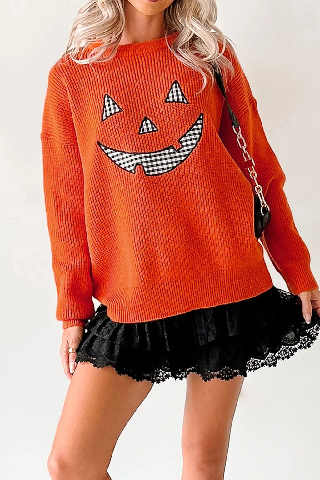 Orange Drop Shoulder Long Sleeve Round Neck Halloween Sweater