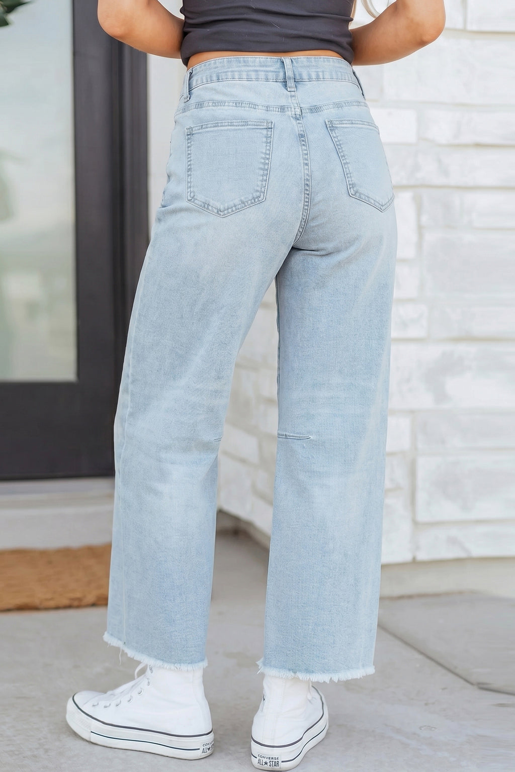Blue Frayed Cropped Straight Jeans