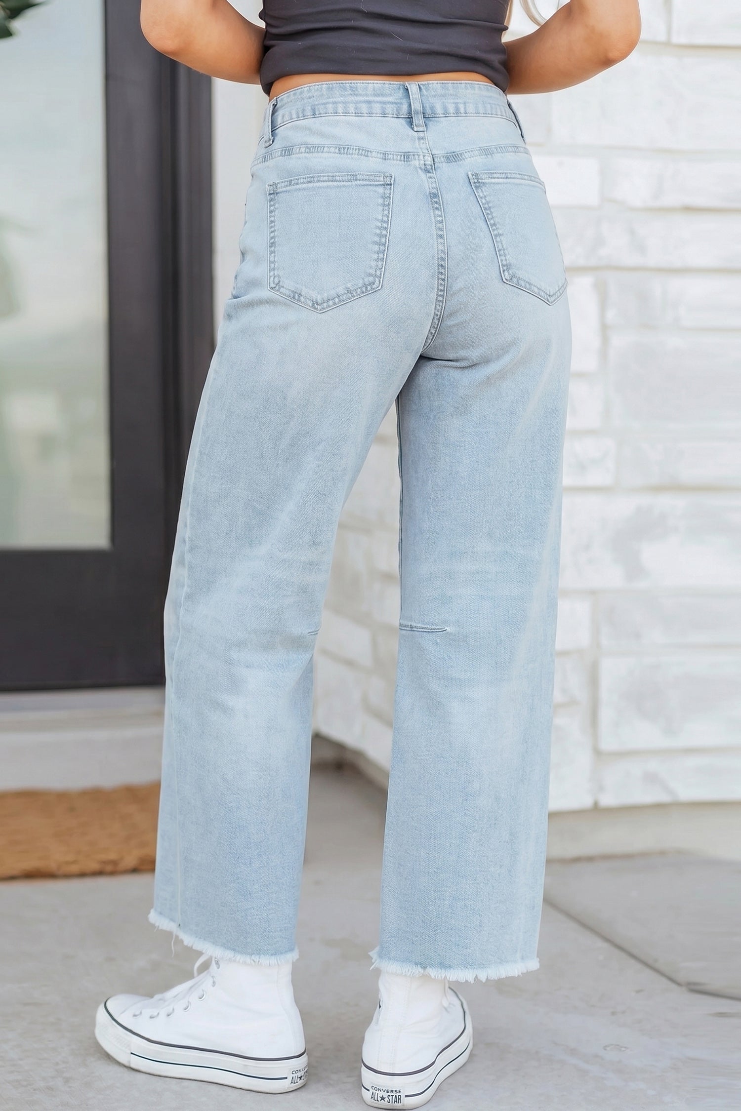 Blue Frayed Cropped Straight Jeans