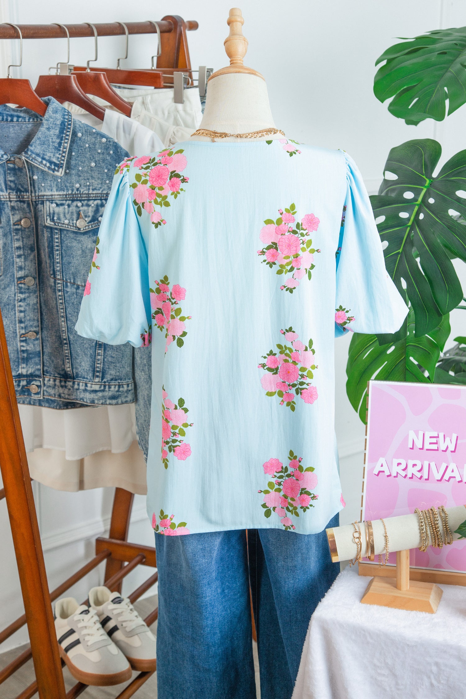 Sky Blue Floral Printed Contrast Ricrac Detail Bubble Sleeve Blouse