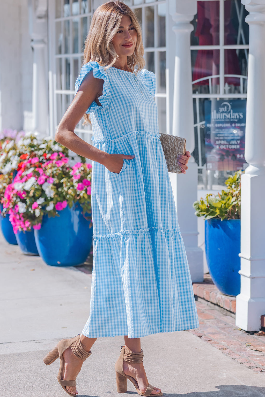 Blue Knot Back Ruffled Short Sleeve Gingham Maxi Dress