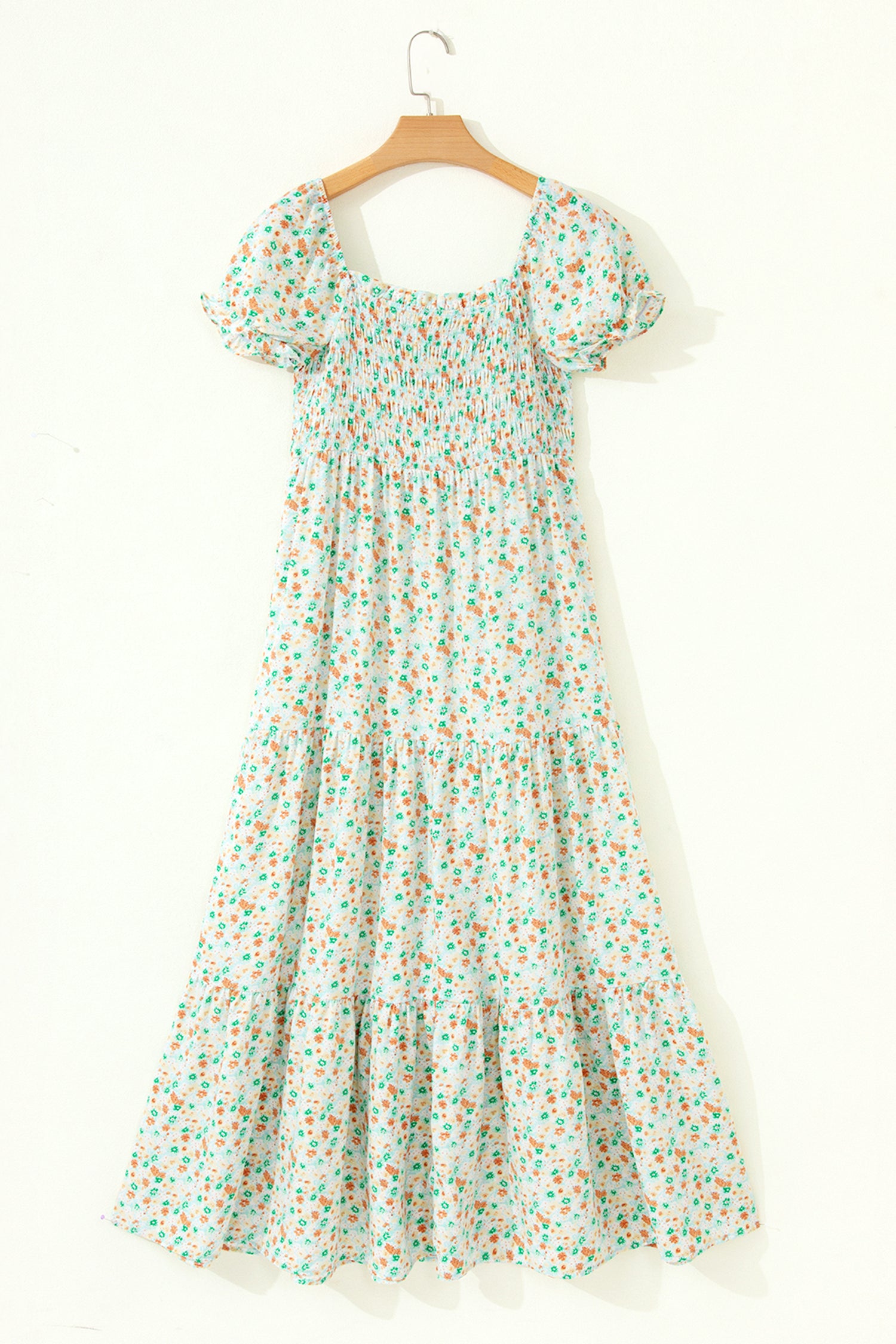 Green Floral Short Bubble Sleeve Shirred High Waist Maxi Dress