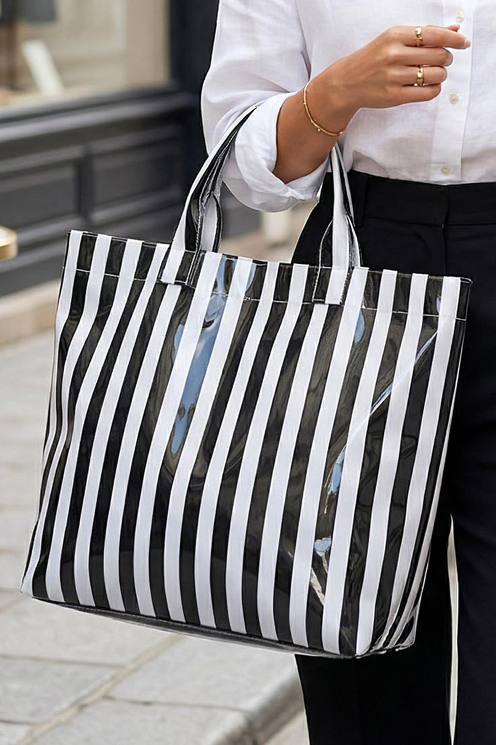Blackish Green Glossy Striped Vinyl Large Tote Bag