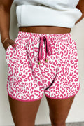 Blue Leopard Elastic Waistband Lace up Contrast Trim Casual Shorts