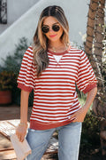 Khaki Stripe Short Bubble Sleeve T Shirt