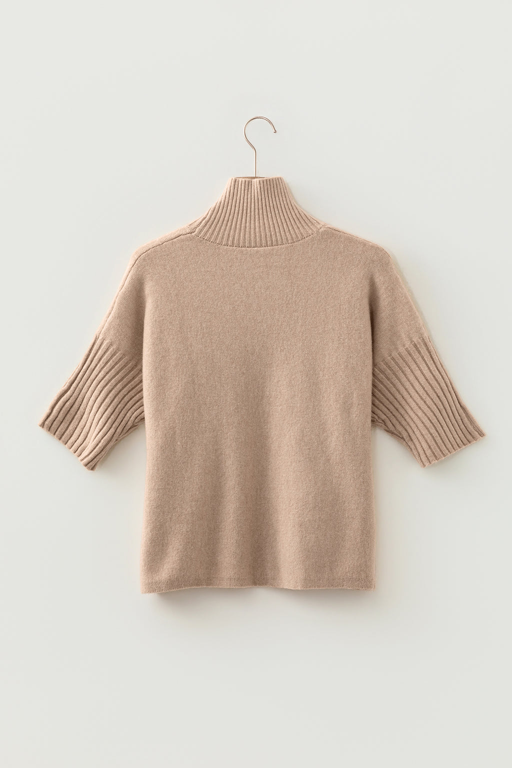 Beige High Neck Short Sleeve Knit Top Regular Wash Casual Style Sweater