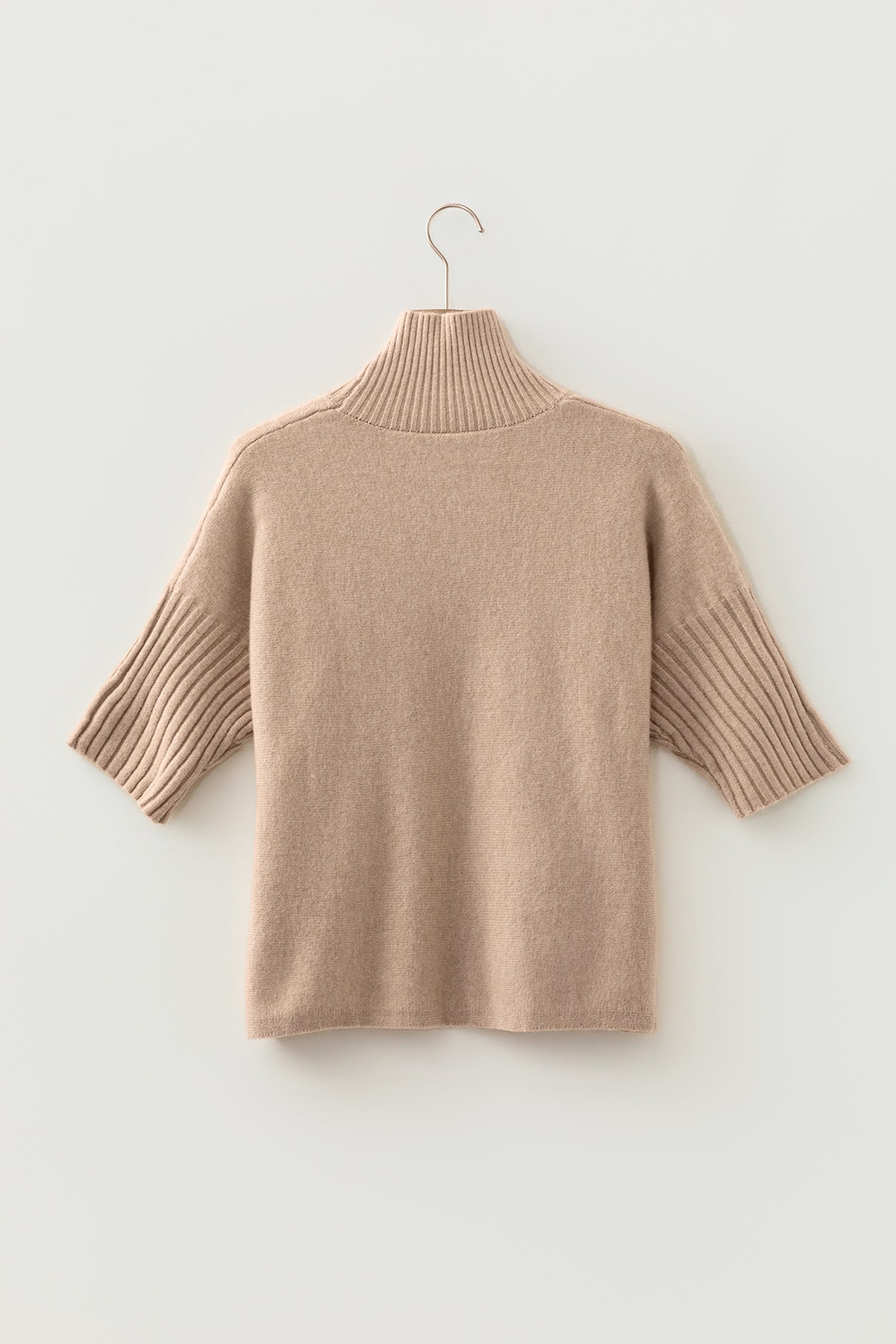 Beige High Neck Short Sleeve Knit Top Regular Wash Casual Style Sweater