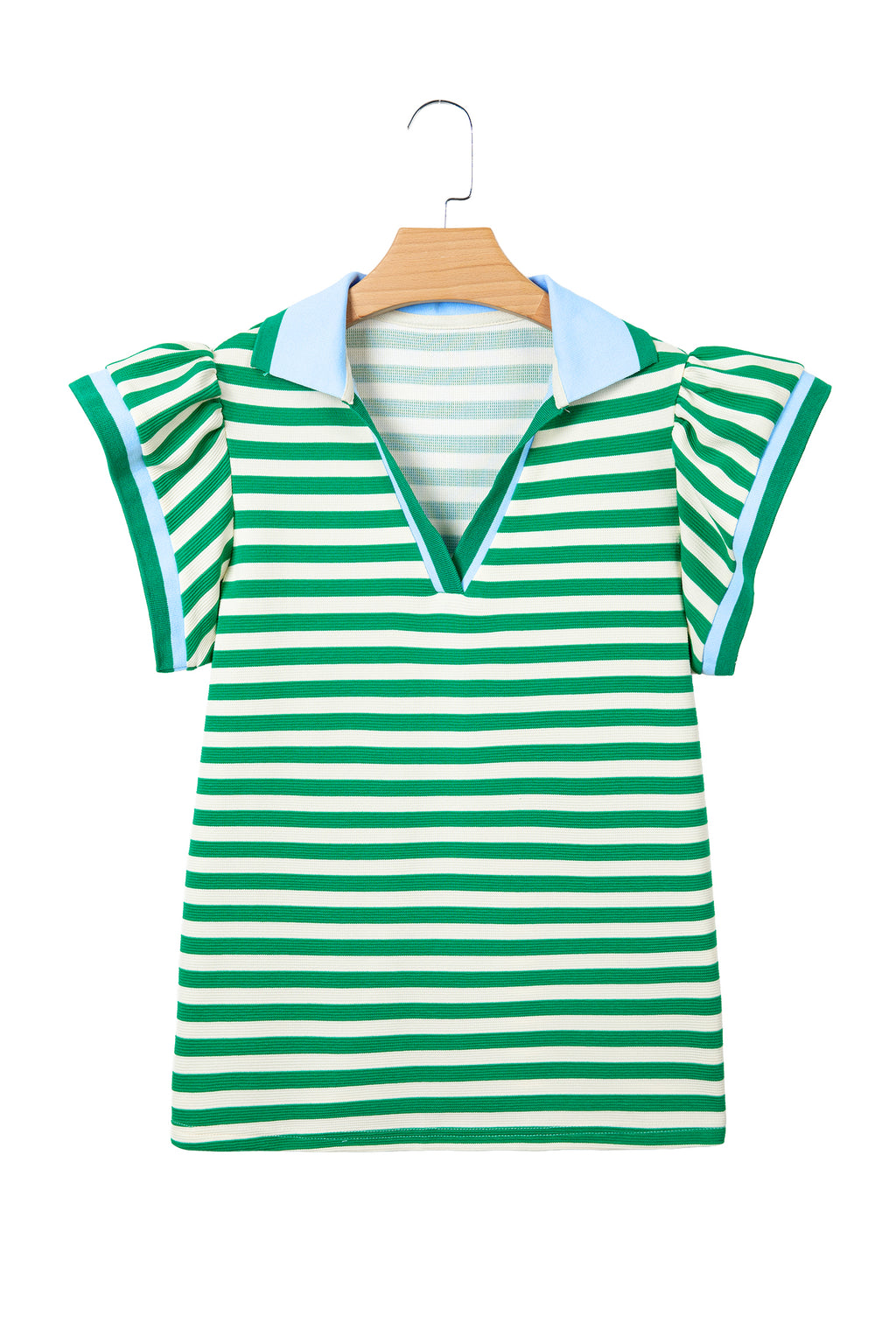 Green Stripe Contrast Trim Polo Collar Ruffled Short Sleeve Blouse