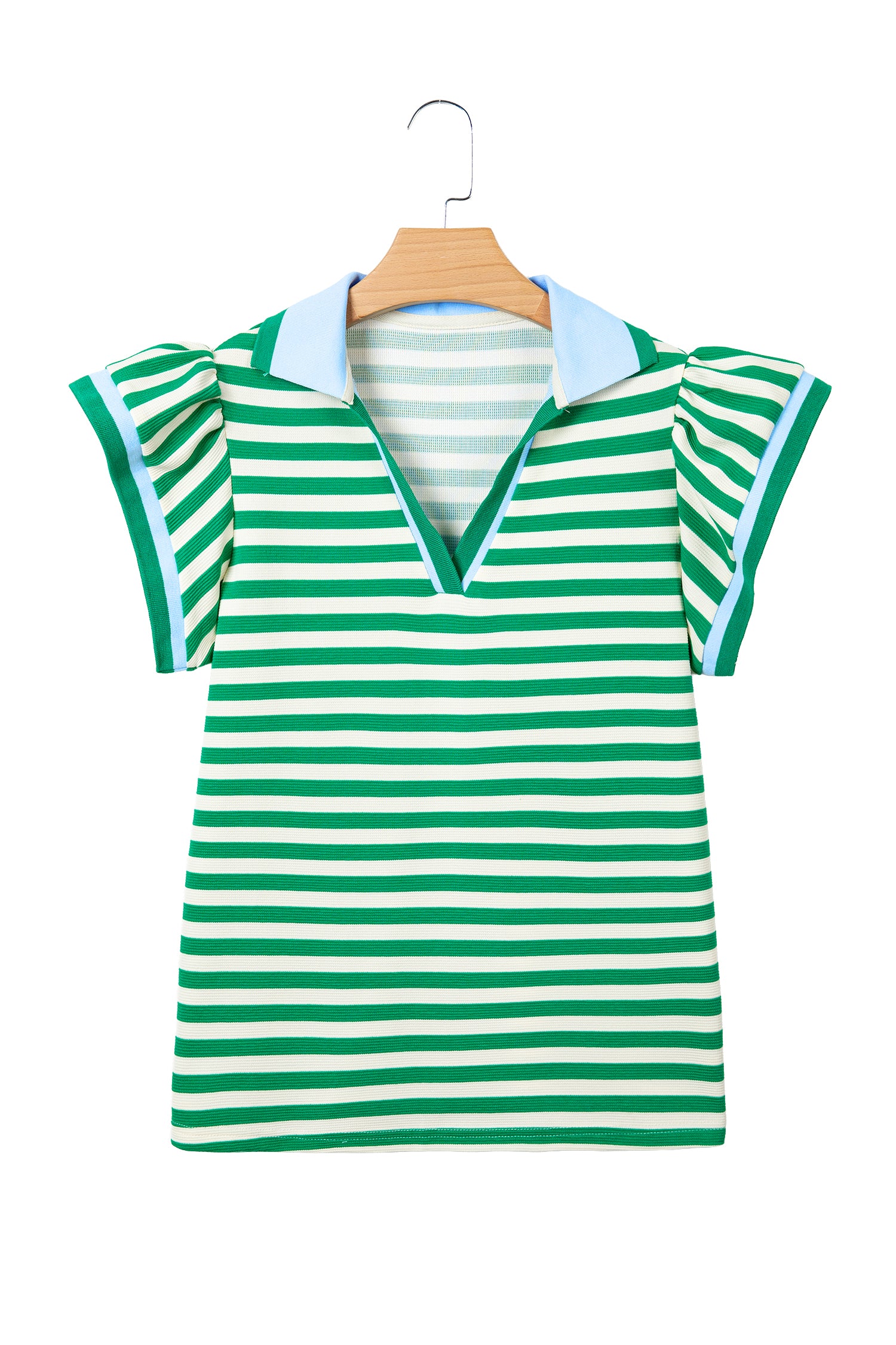 Green Stripe Contrast Trim Polo Collar Ruffled Short Sleeve Blouse