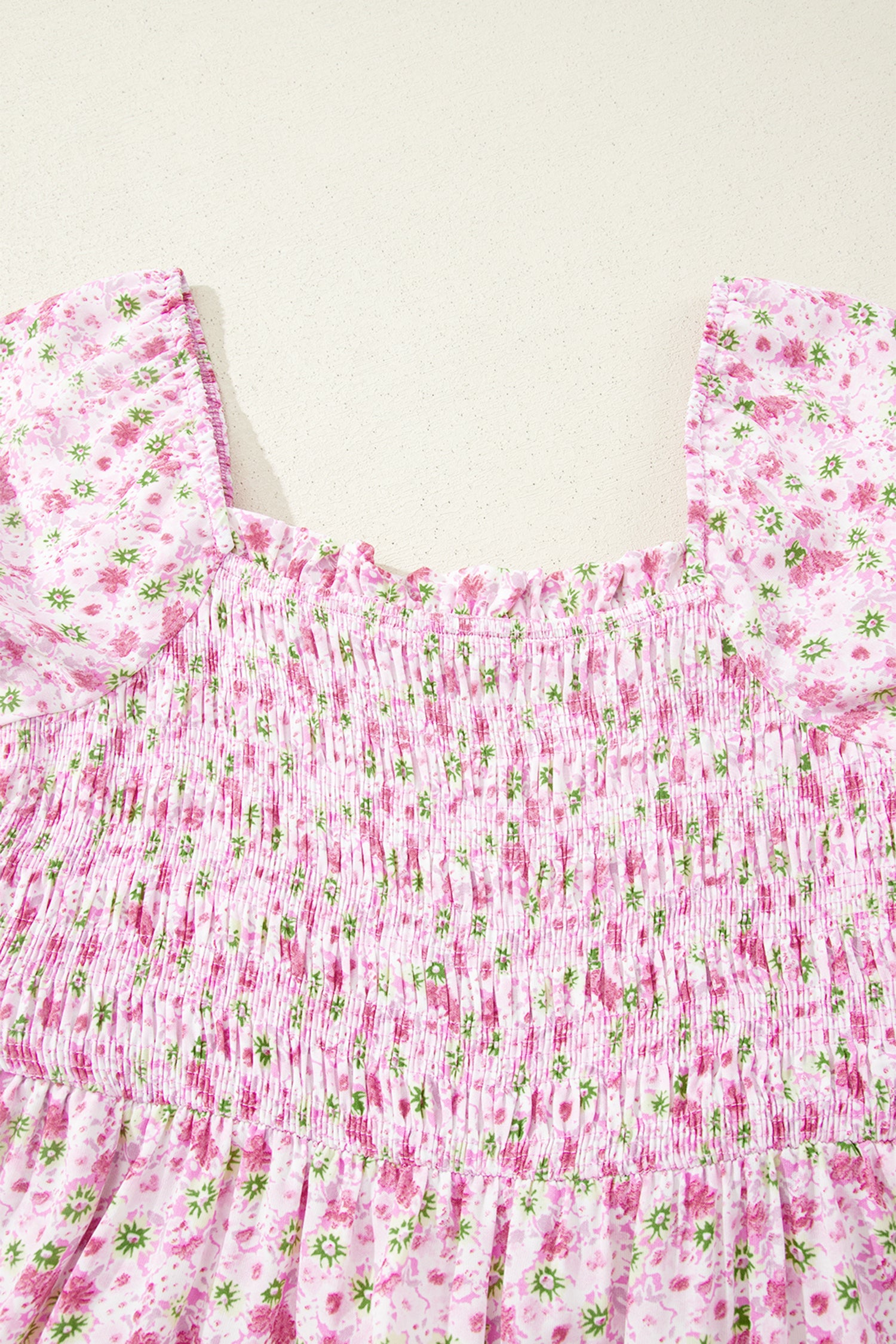 Green Floral Short Bubble Sleeve Shirred High Waist Maxi Dress