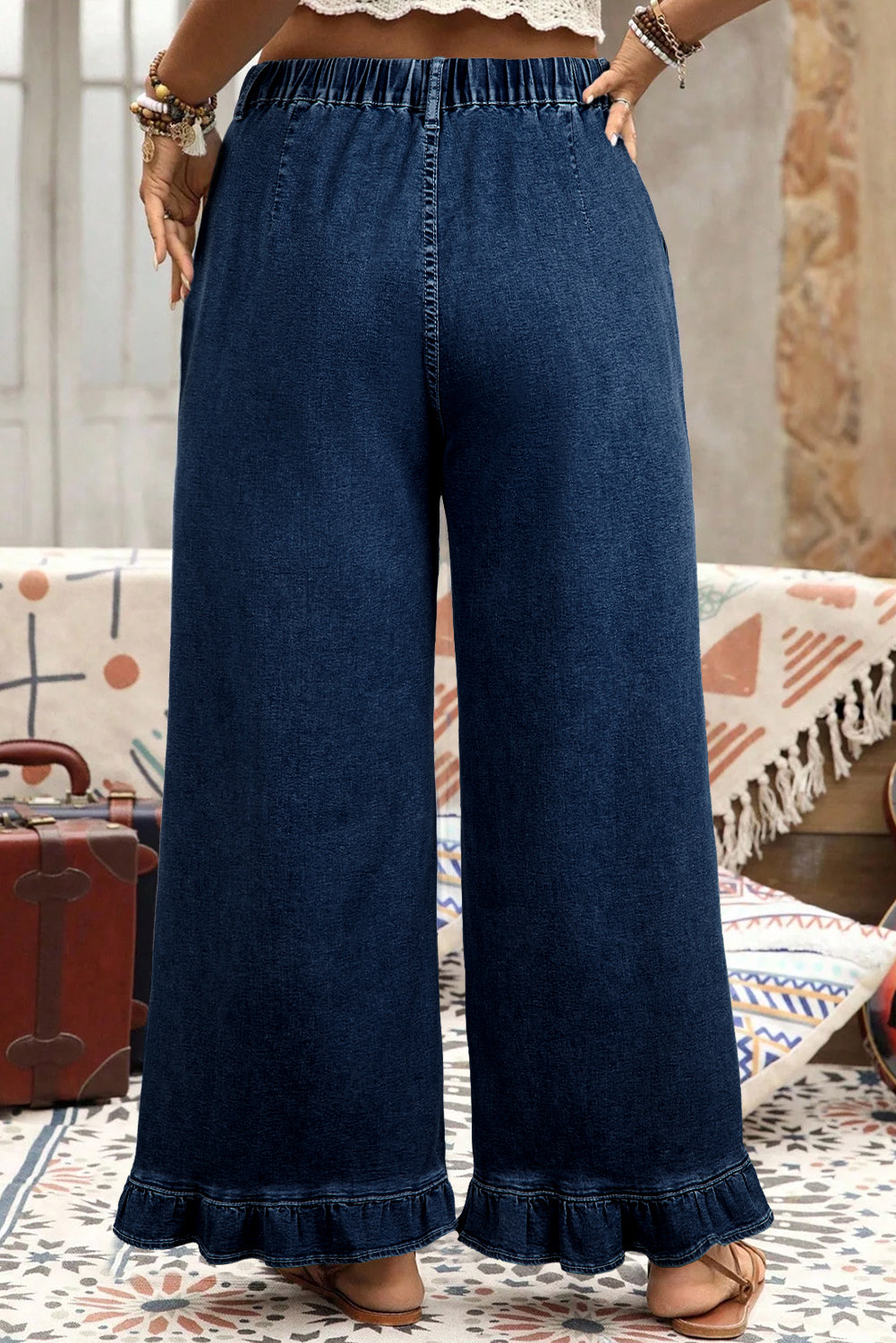 Ashleigh Blue Plus Size Elastic Waist Ruffled Wide Leg Denim Pants