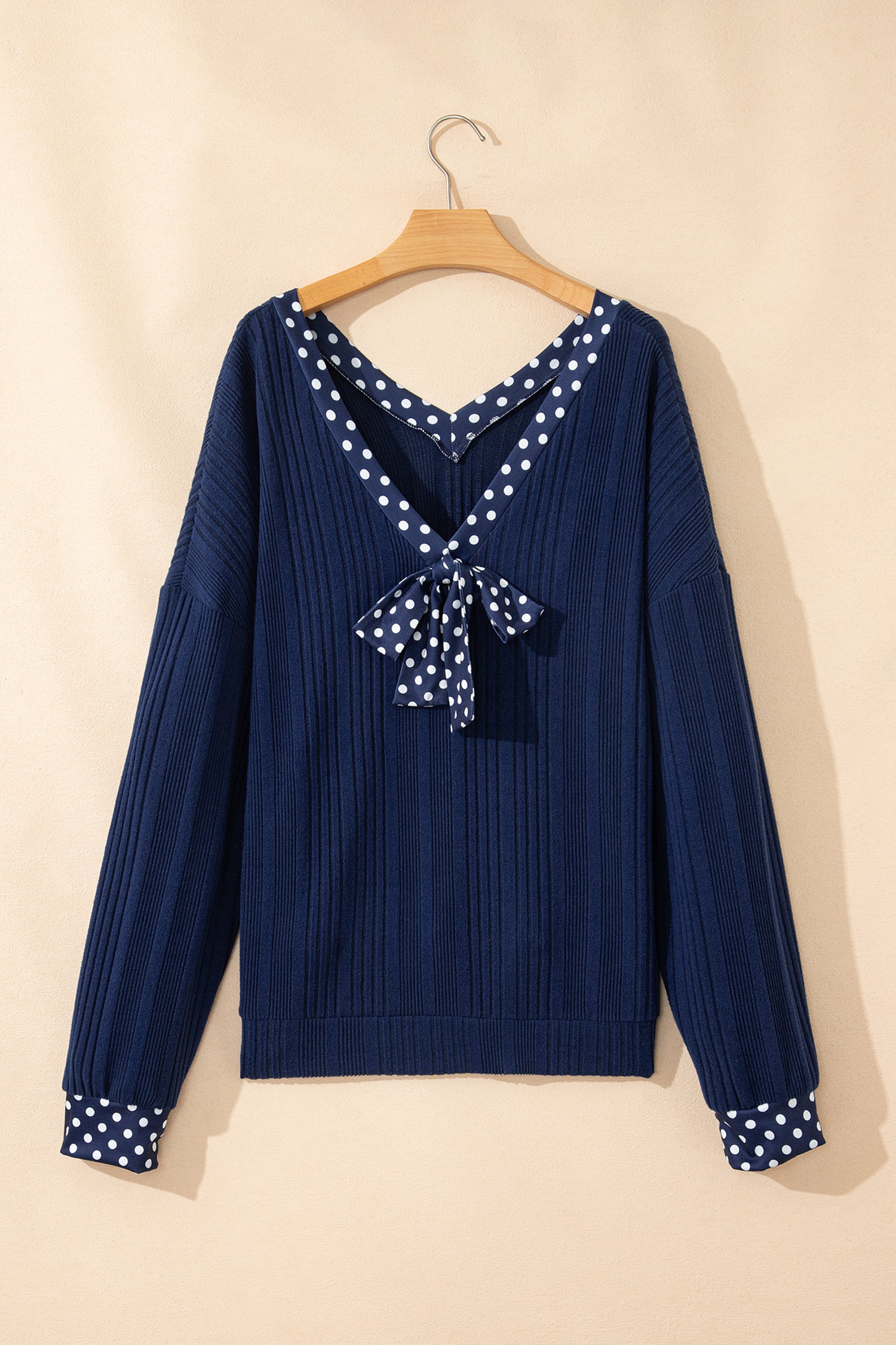 Blue Polka Dot Trimmed V Neck Bow Tie Textured Ribbed Top