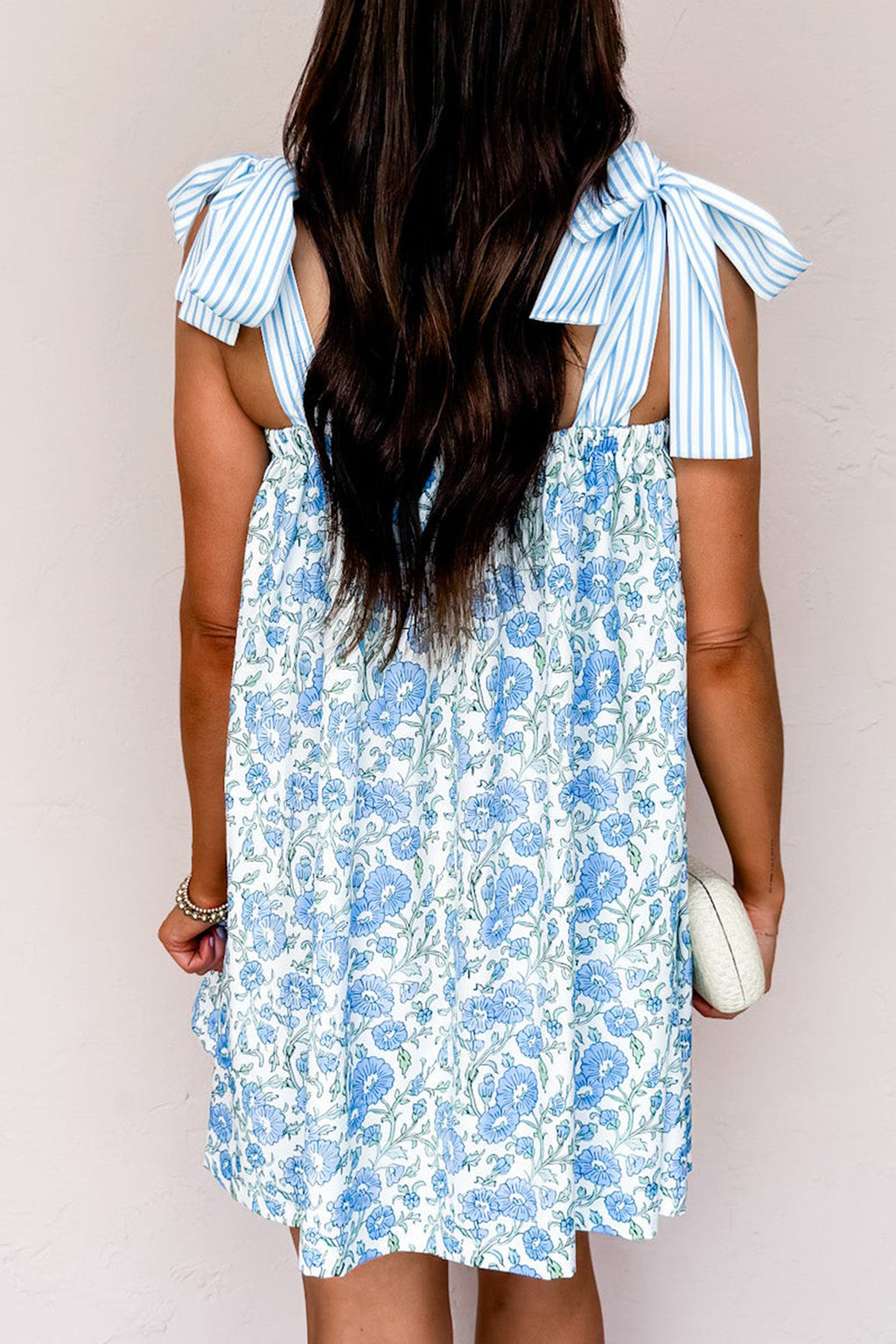 Blue Floral Print Striped Patchwork Bow Knot Straps Mini Dress