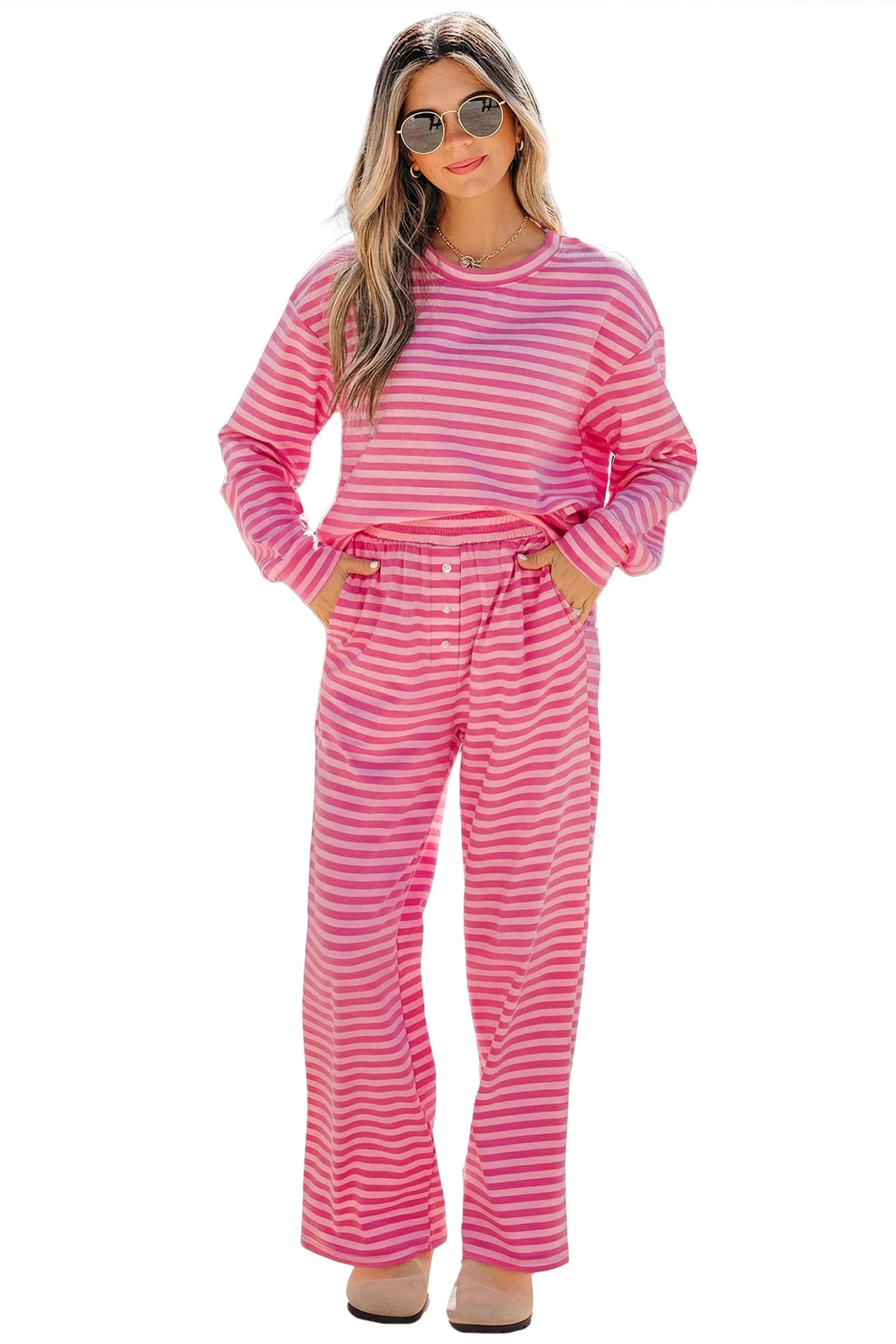 Rose Stripe Drop Shoulder Round Neck Top and Buttoned Straight Pants Two Piece Set