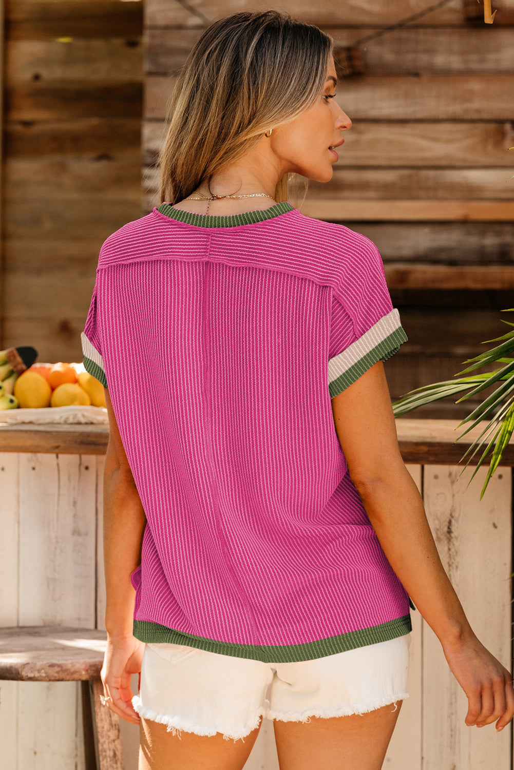 Light Pink Textured Contrast Trim Round Neck T Shirt