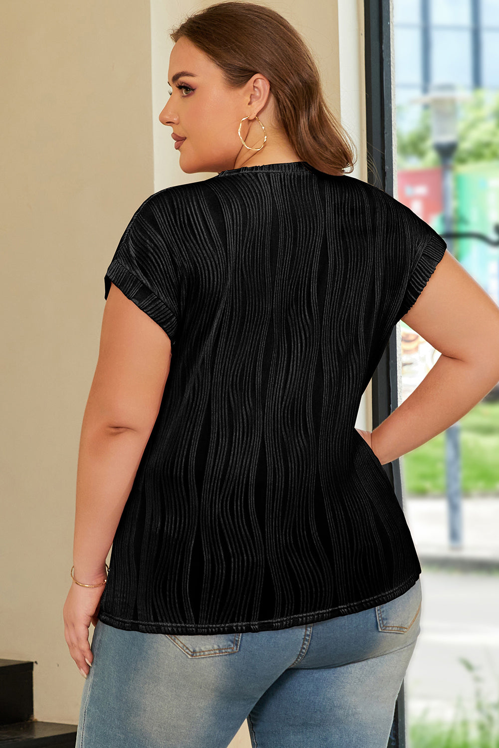Jungle Green Solid Color Wavy Textured Plus Size Tee