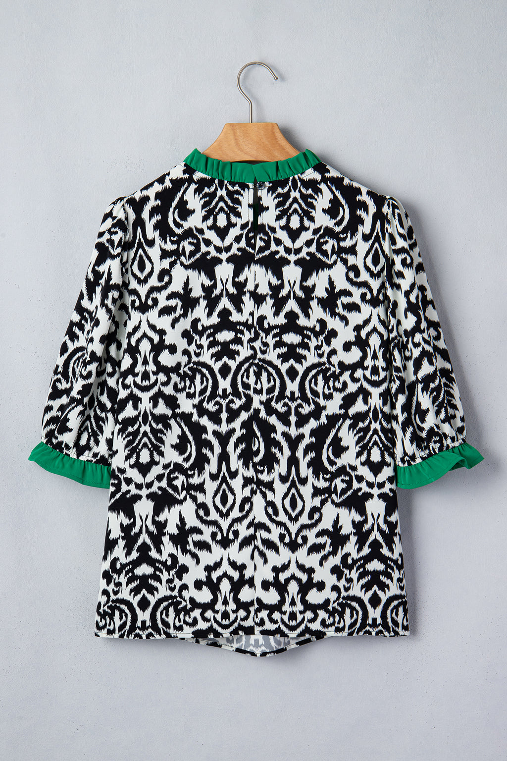 Green Damask Print Ruffled Color Block Detail Half Sleeve Blouse