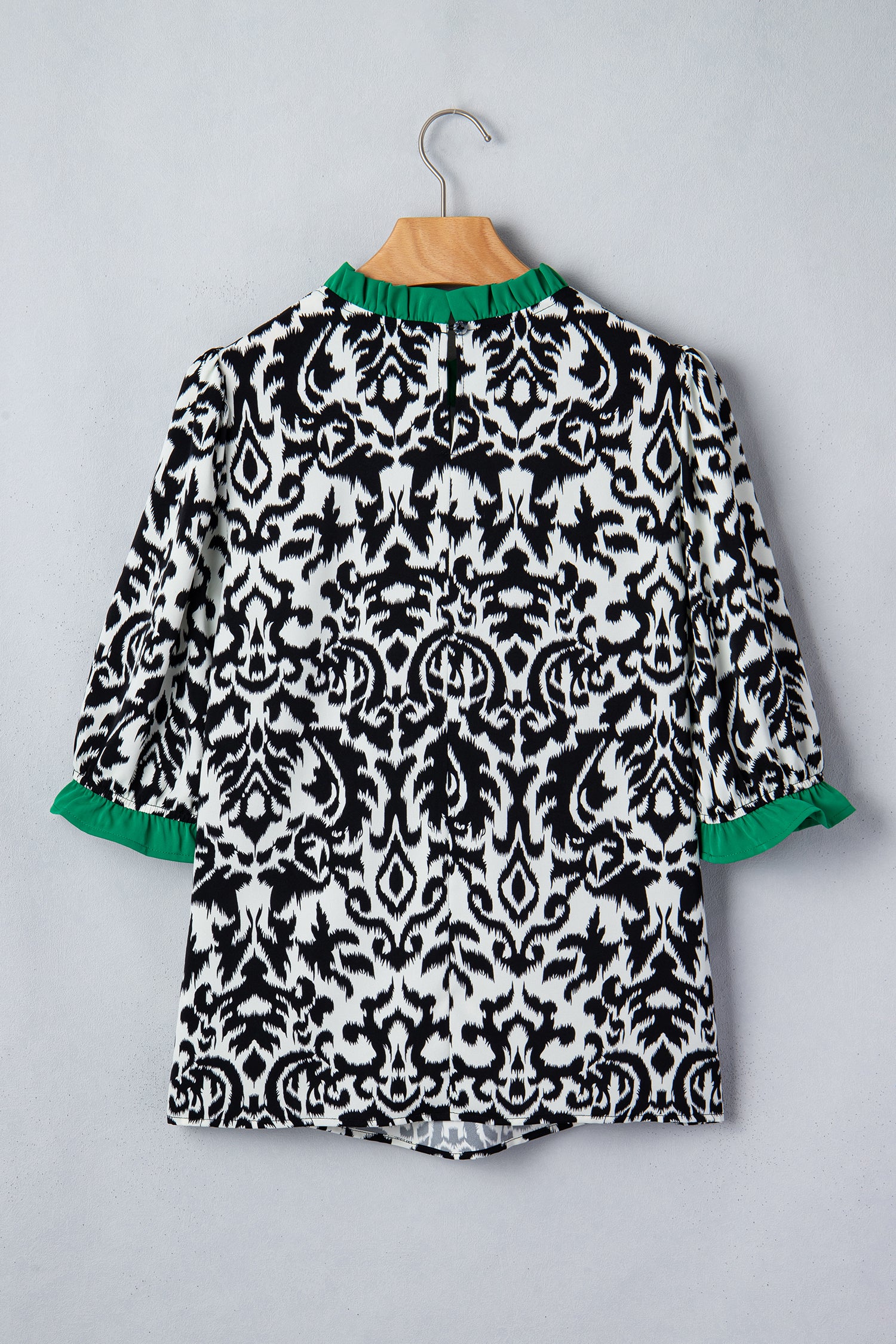 Green Damask Print Ruffled Color Block Detail Half Sleeve Blouse