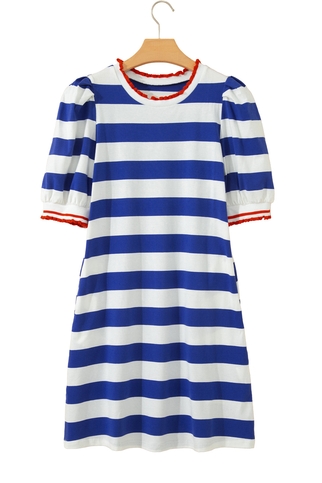 Blue Stripe Contrast Trim Round Neck Short Puff Sleeve Shift Mini Dress