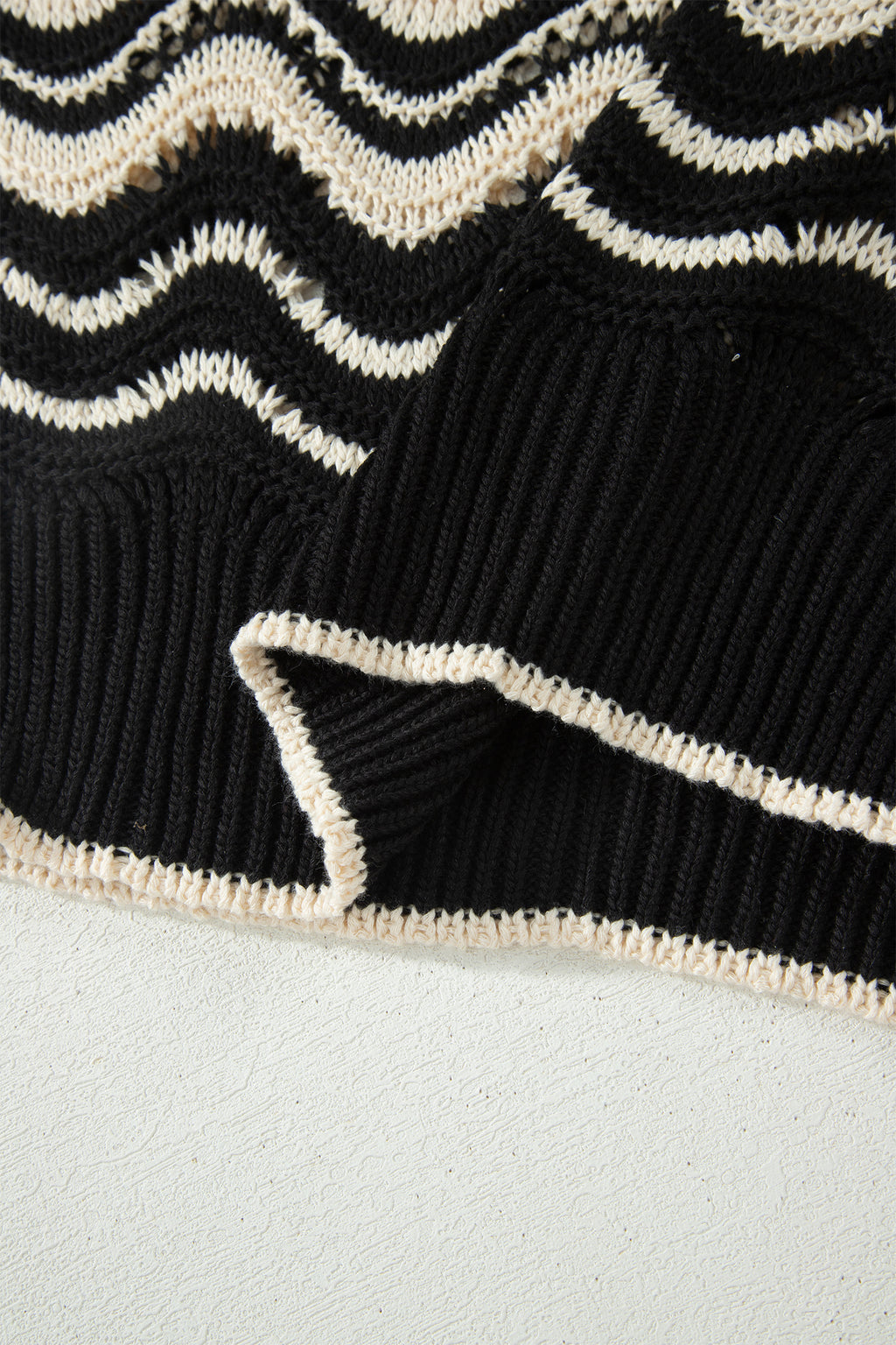 Black Stripe Wavy Crochet Eyelet Detail Ruffle Half Sleeve Sweater