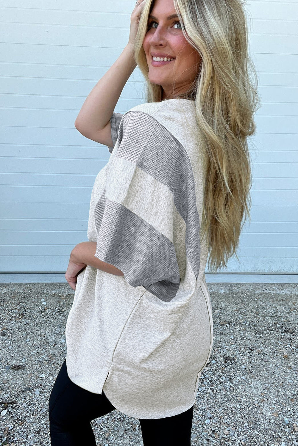 Two Tone Waffle Knit Patched Buttoned V Neck Top