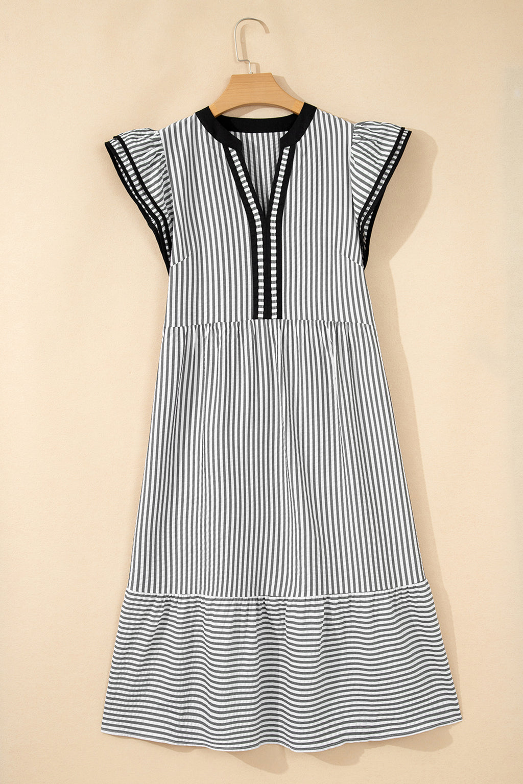 Black Stripe Contrast Trim V Neck Flutter Sleeve Casual Long Dress