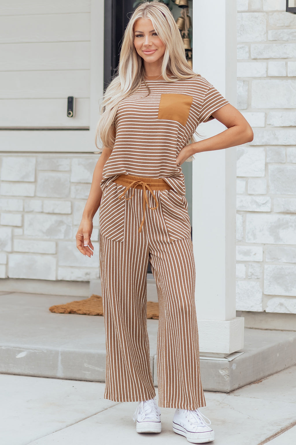 Sky Blue Stripe Crew Neck Tee Drawstring Waist Cropped Pants Set