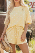 Yellow Exposed Seam Detail Polka Dot Loose Tee Drawstring Shorts Set