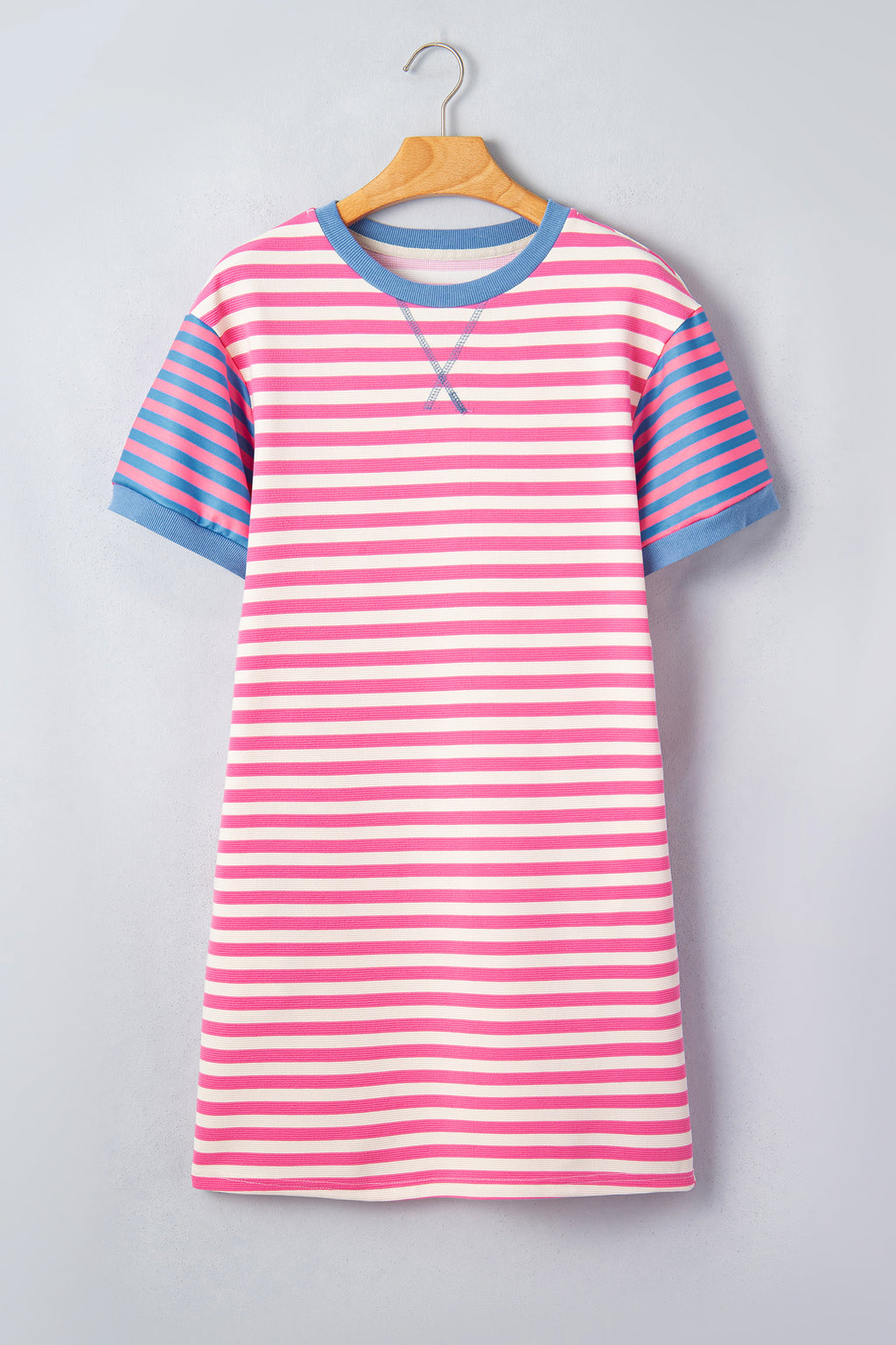 Pink Stripe Contrast Patchwork Short Sleeve T Shirt Shift Dress