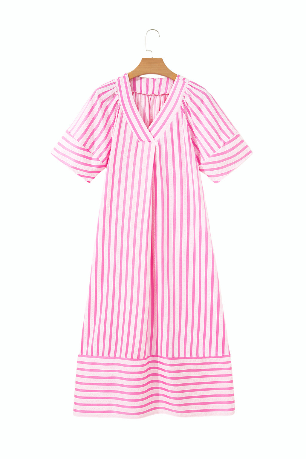 Pink Stripe V Neck Short Sleeve Shift Long Dress