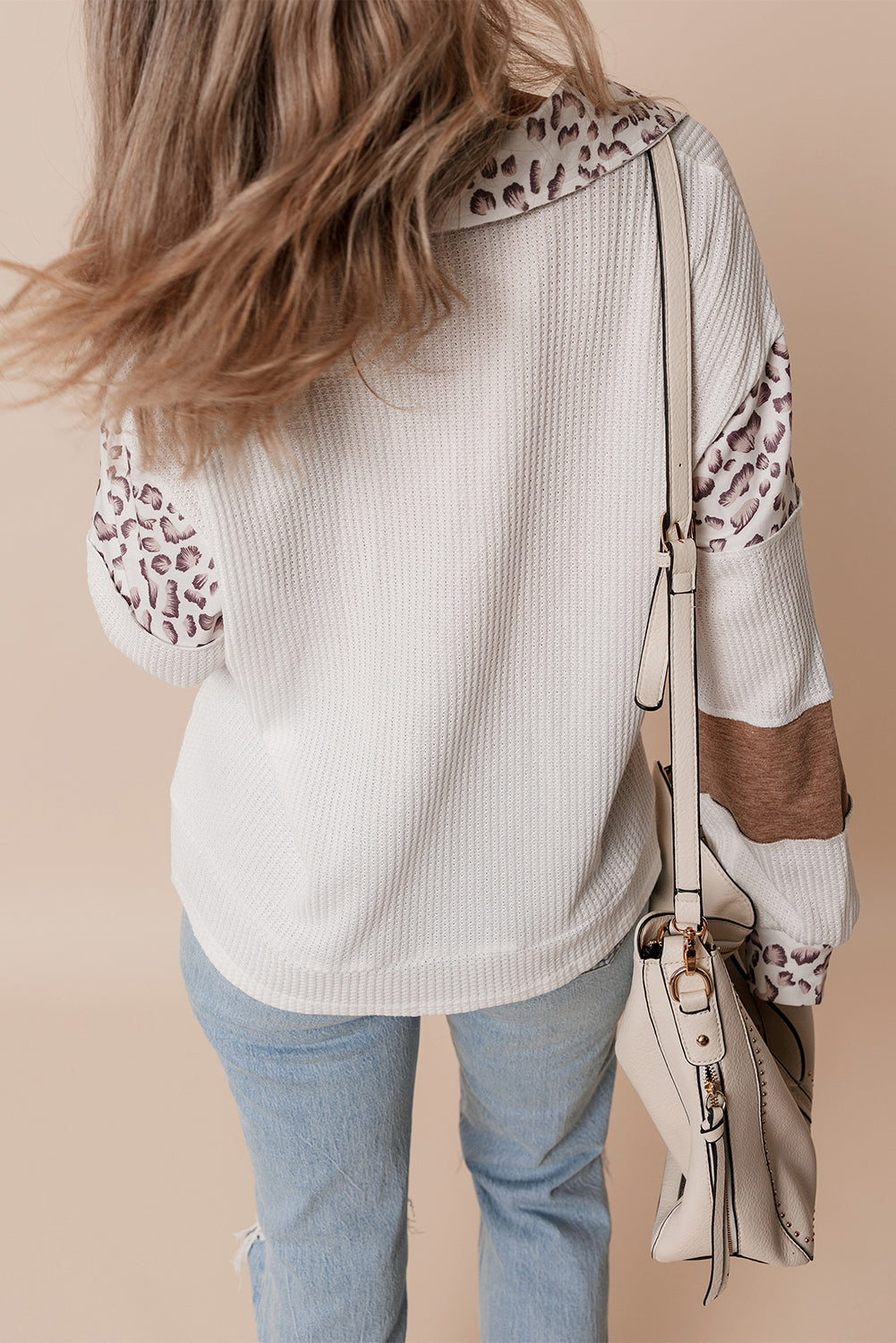 White game day Football Bow Embroidered Graphic Leopard Collar Color Block Patchwork Top
