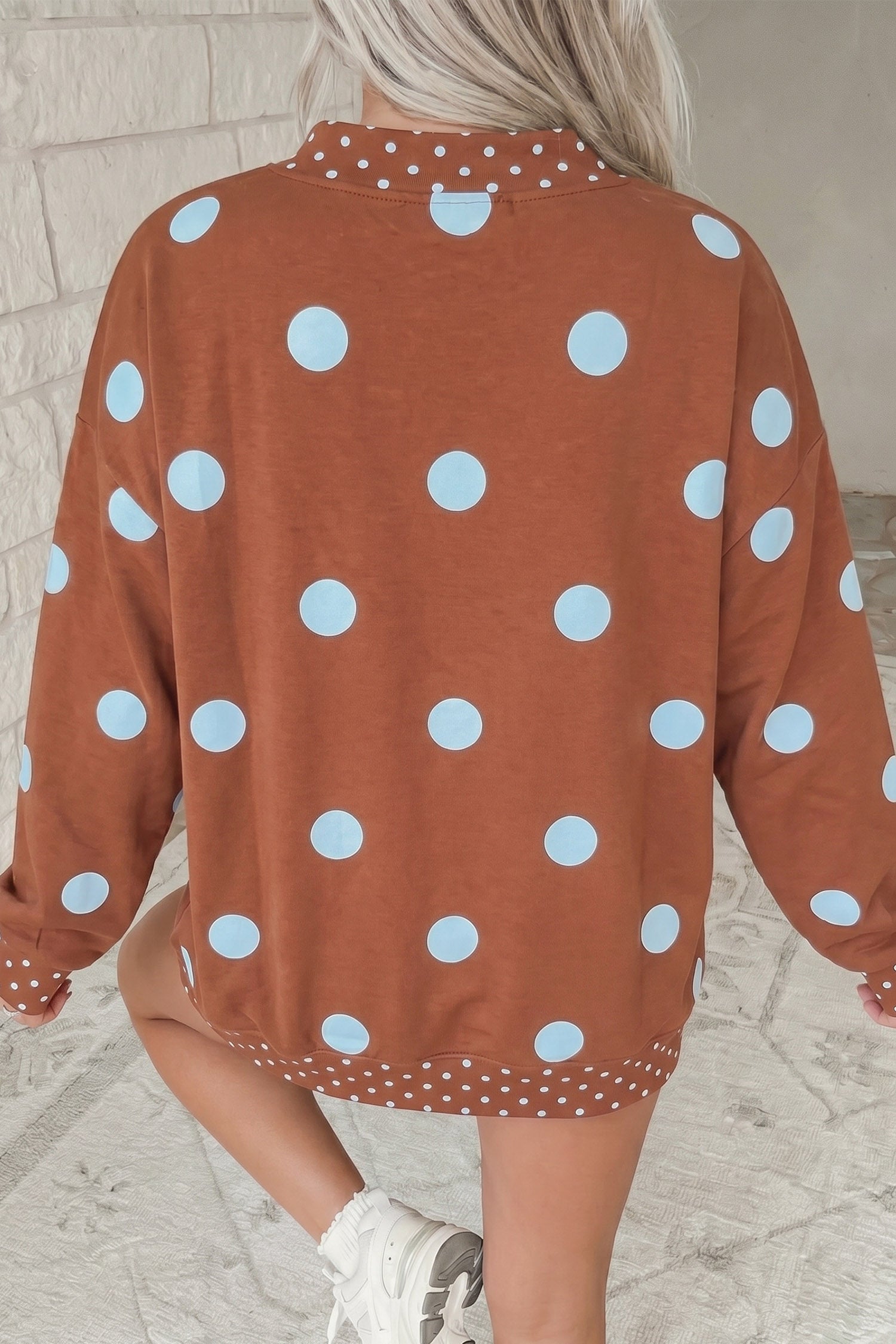 Red Polka Dot Print Contrast Detail Oversized Tunic Sweatshirt