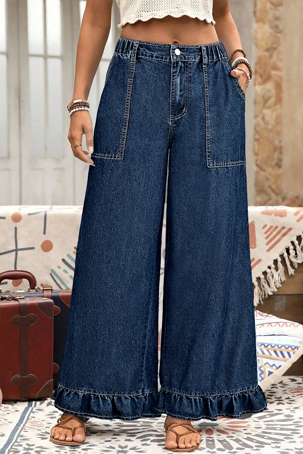 Ashleigh Blue Plus Size Elastic Waist Ruffled Wide Leg Denim Pants