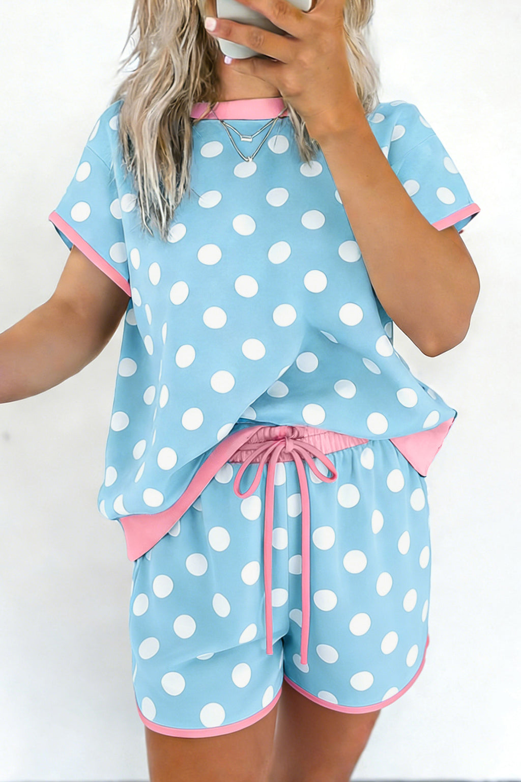 Pink Polka Dot Contrast Edge Casual Short Set