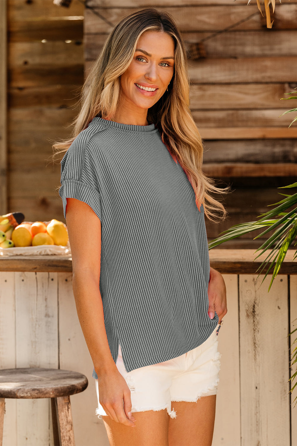 Medium Grey Textured Knit Exposed Stitching T-shirt