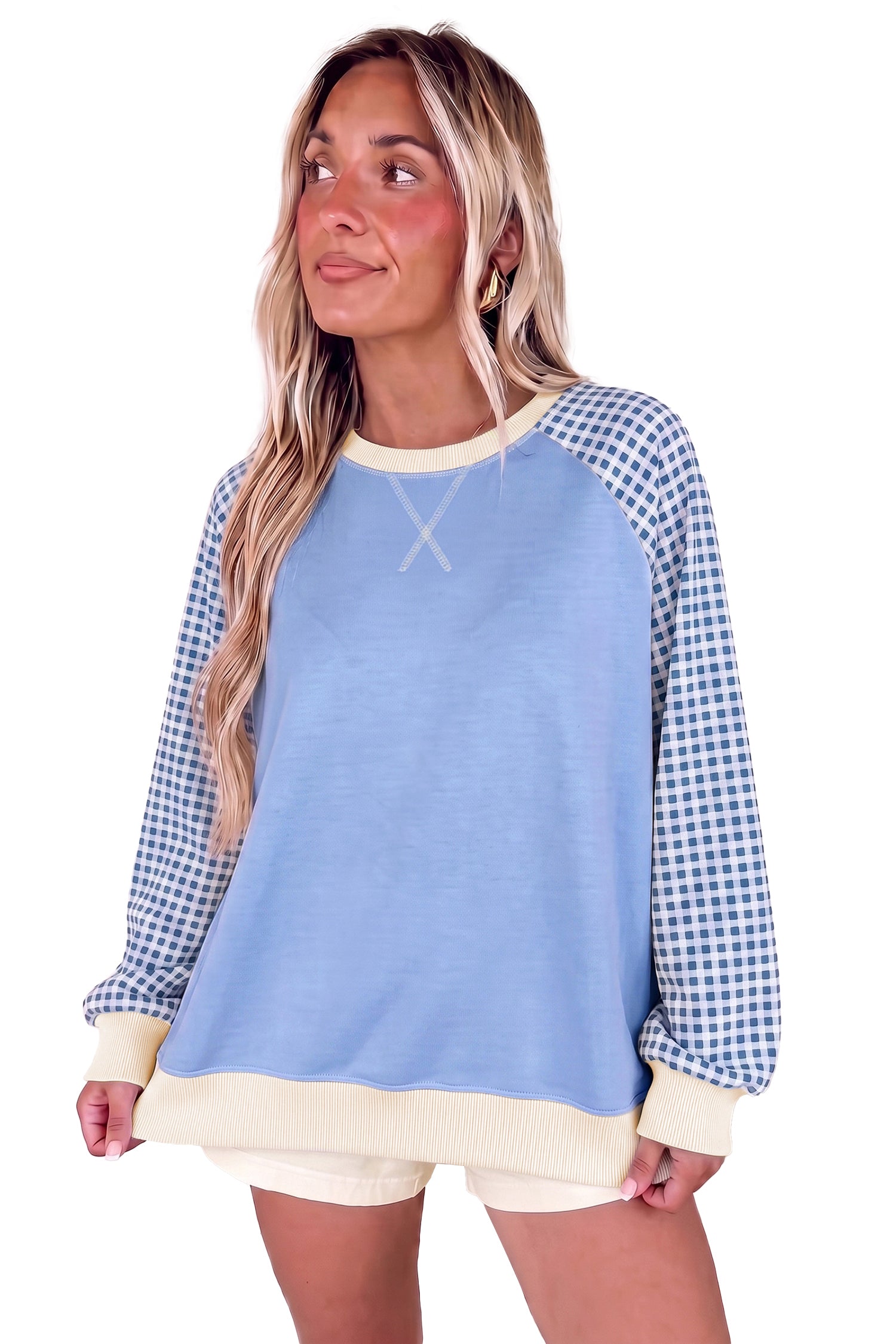 Light Blue Plaid Sleeve Colorblock Raglan Pullover Sweatshirt