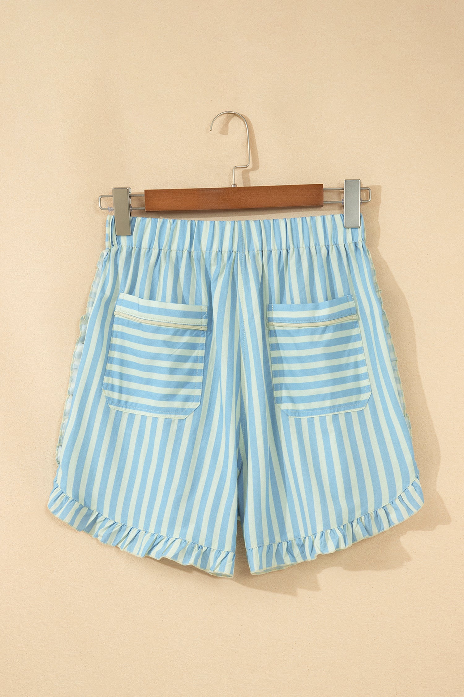 Sky Blue Stripe Elastic Waist Ruffle Trim Casual Shorts