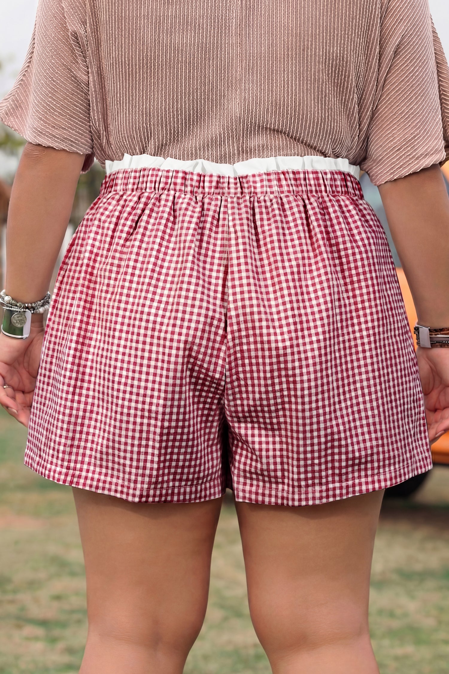 Black Contrast Trim Plaid Print Plus Size Shorts