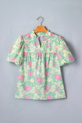 Green Short Bubble Sleeve Summer Floral Blouse