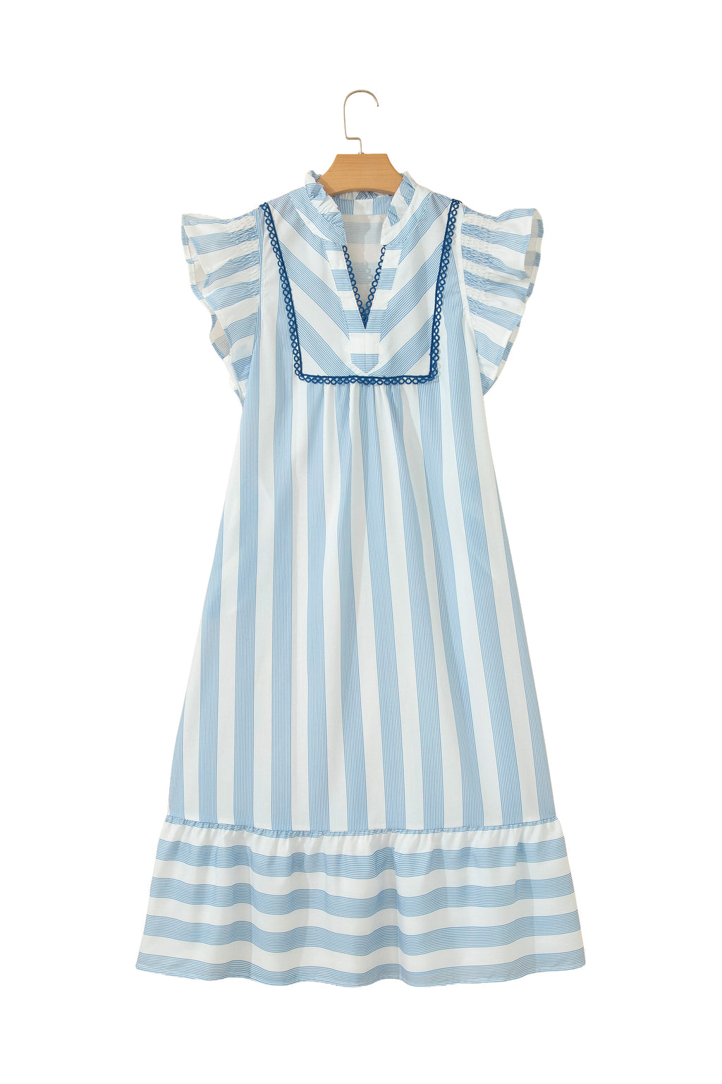 Sky Blue Stripe Subtle Lace Detail V Neck Ruffle Trim Casual Dress