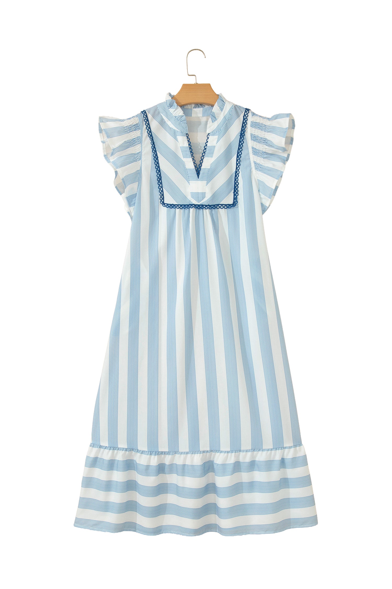 Sky Blue Stripe Subtle Lace Detail V Neck Ruffle Trim Casual Dress