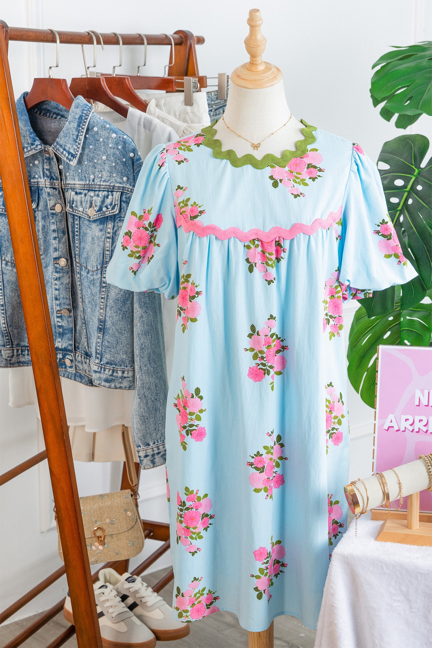 Sky Blue Floral Printed Contrast Ricrac Detail Bubble Sleeve Dress