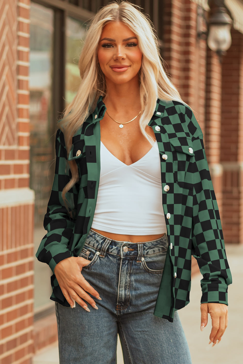 Khaki Checkerboard Flap Pocket Button Front Shacket