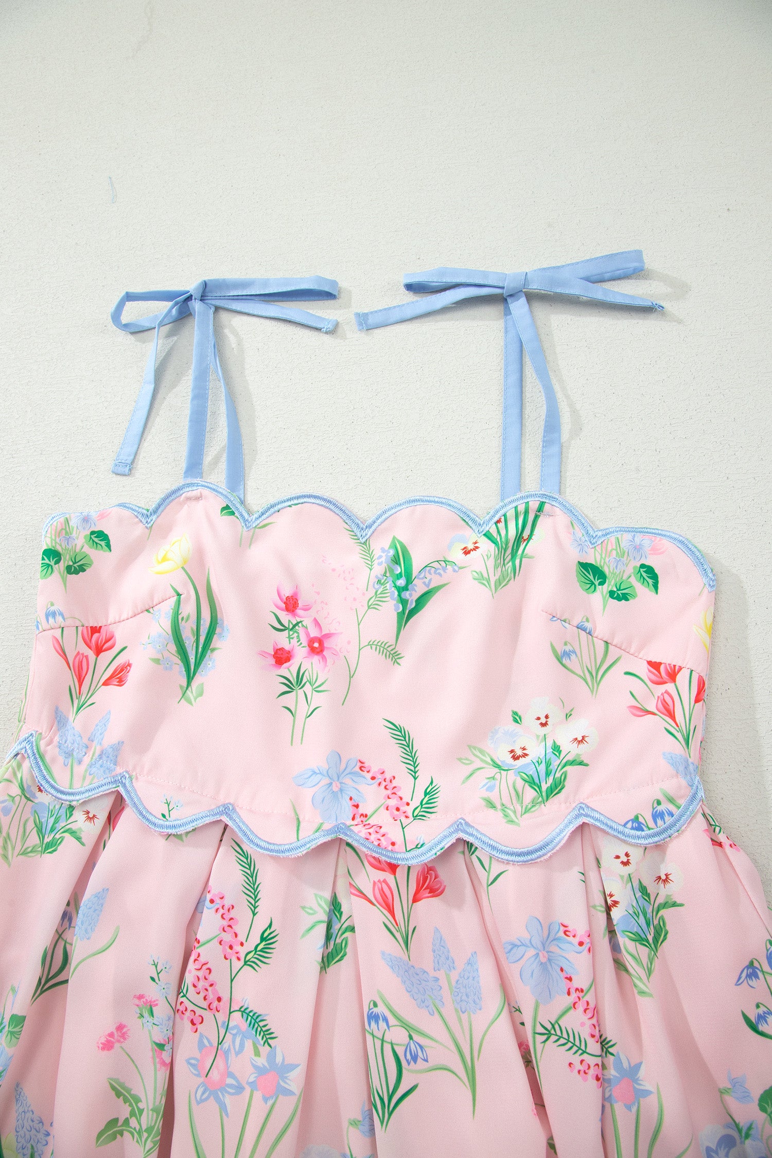 Beige Floral Print Contrast Trim Self-tie Straps High Waist Midi Dress