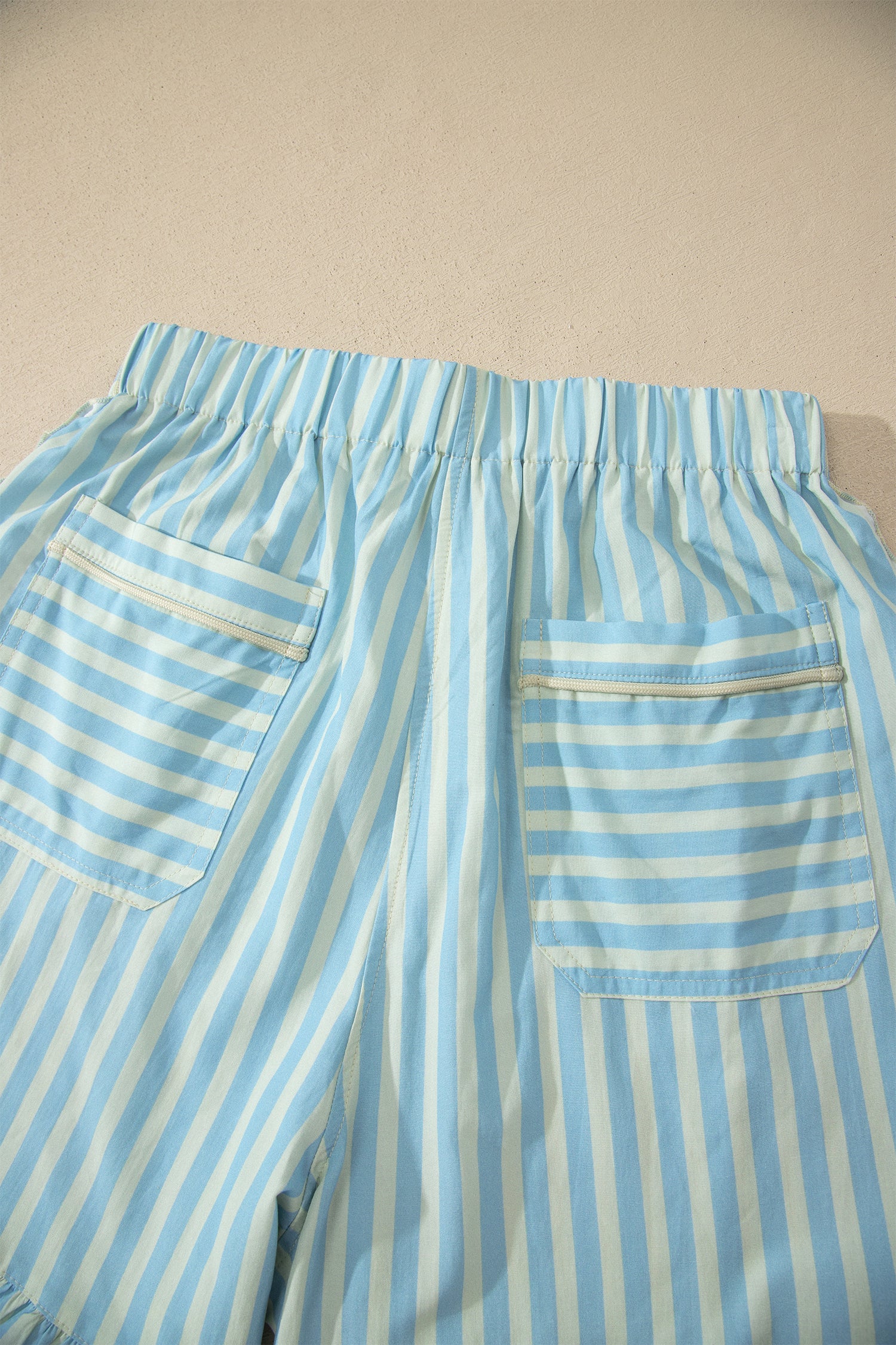 Sky Blue Stripe Elastic Waist Ruffle Trim Casual Shorts
