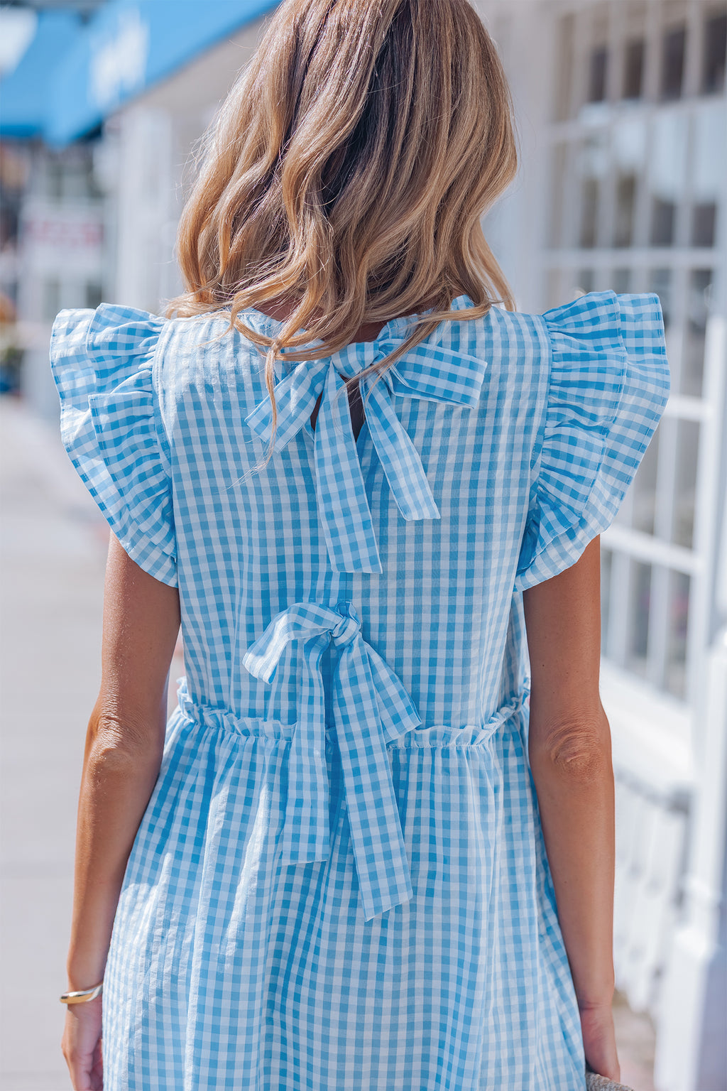 Blue Knot Back Ruffled Short Sleeve Gingham Maxi Dress