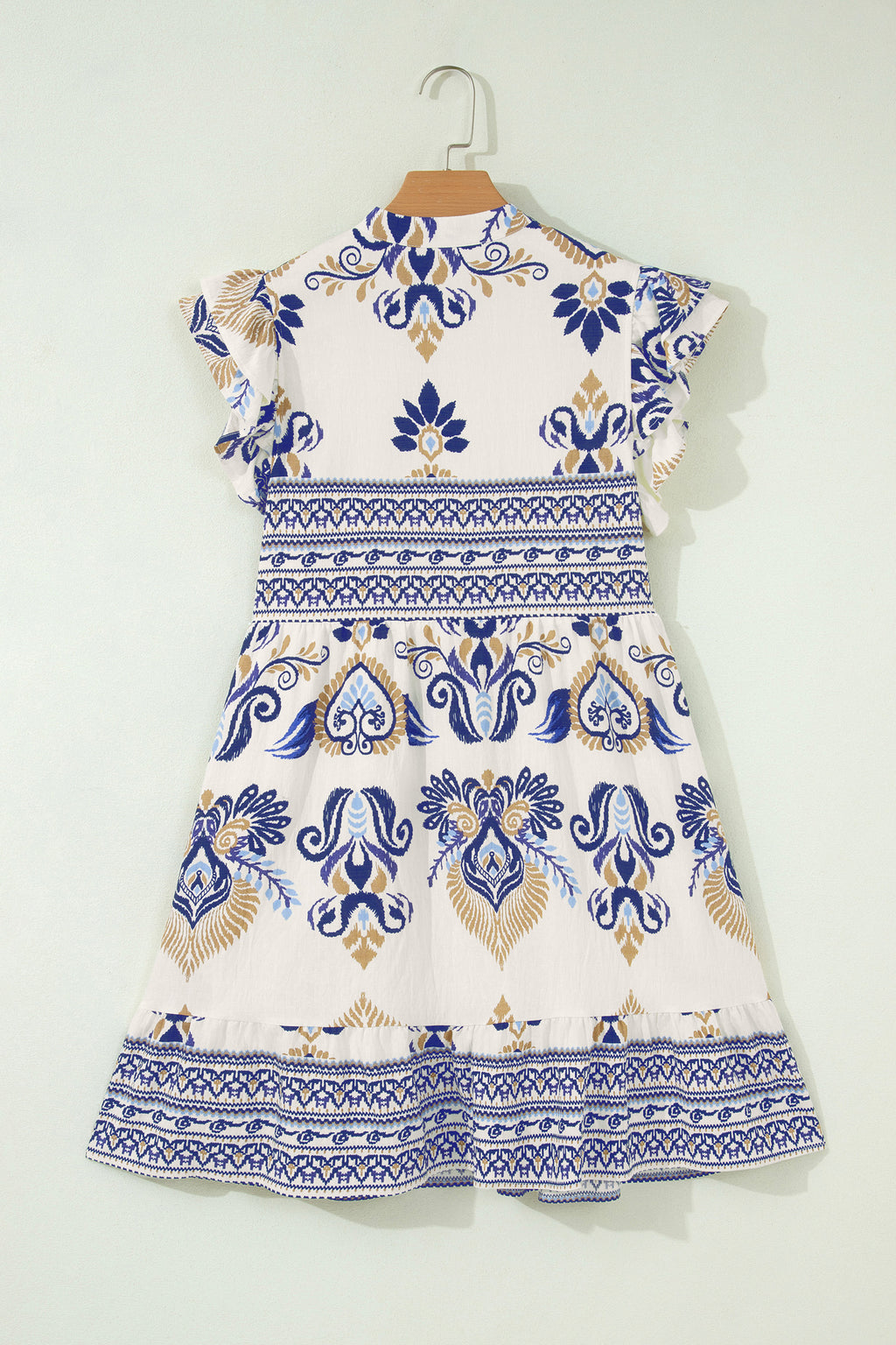 Blue Boho Western Floral Printed Split Neck Ruffled Sleeve Mini Dress