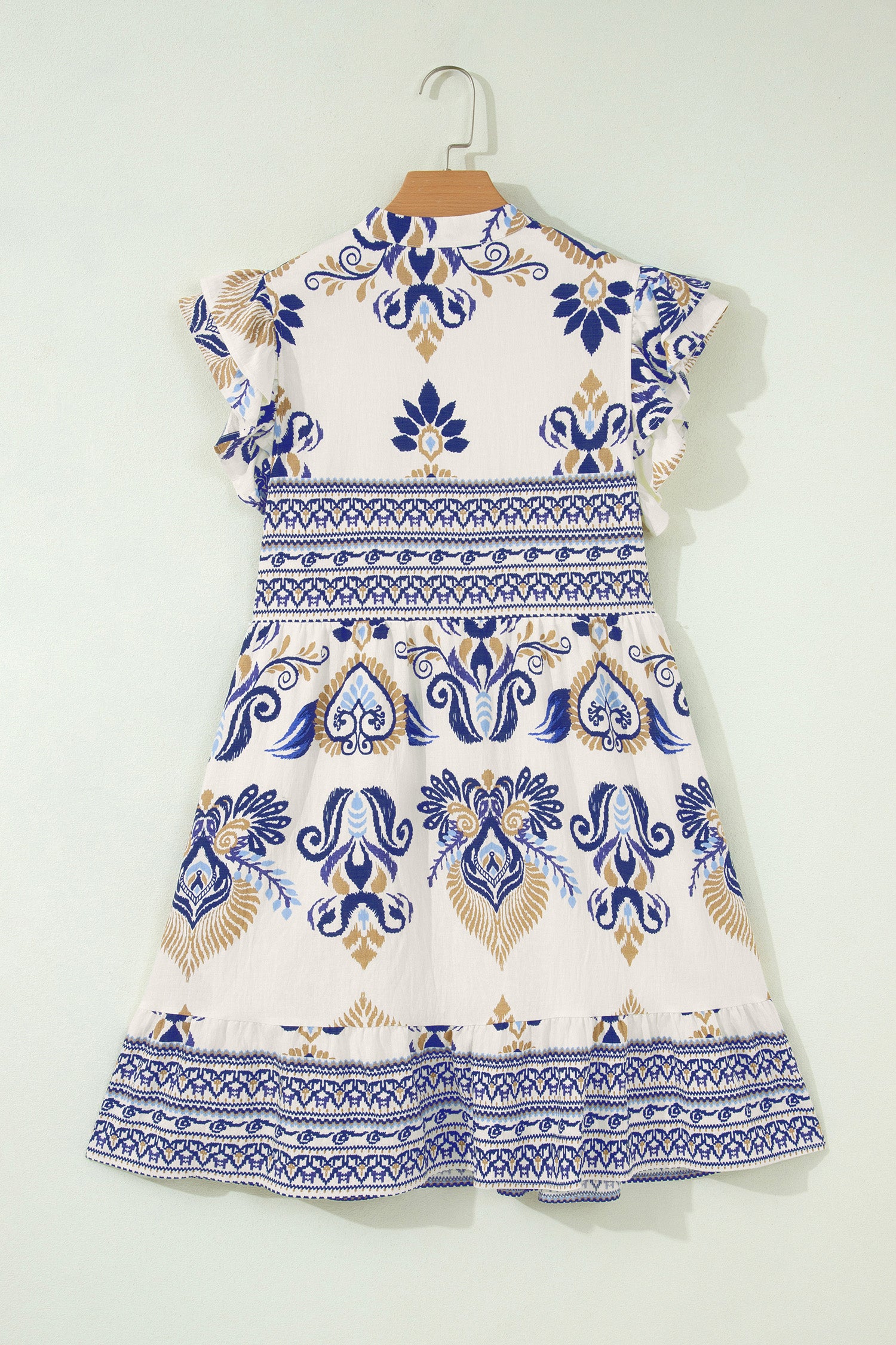 Blue Boho Western Floral Printed Split Neck Ruffled Sleeve Mini Dress
