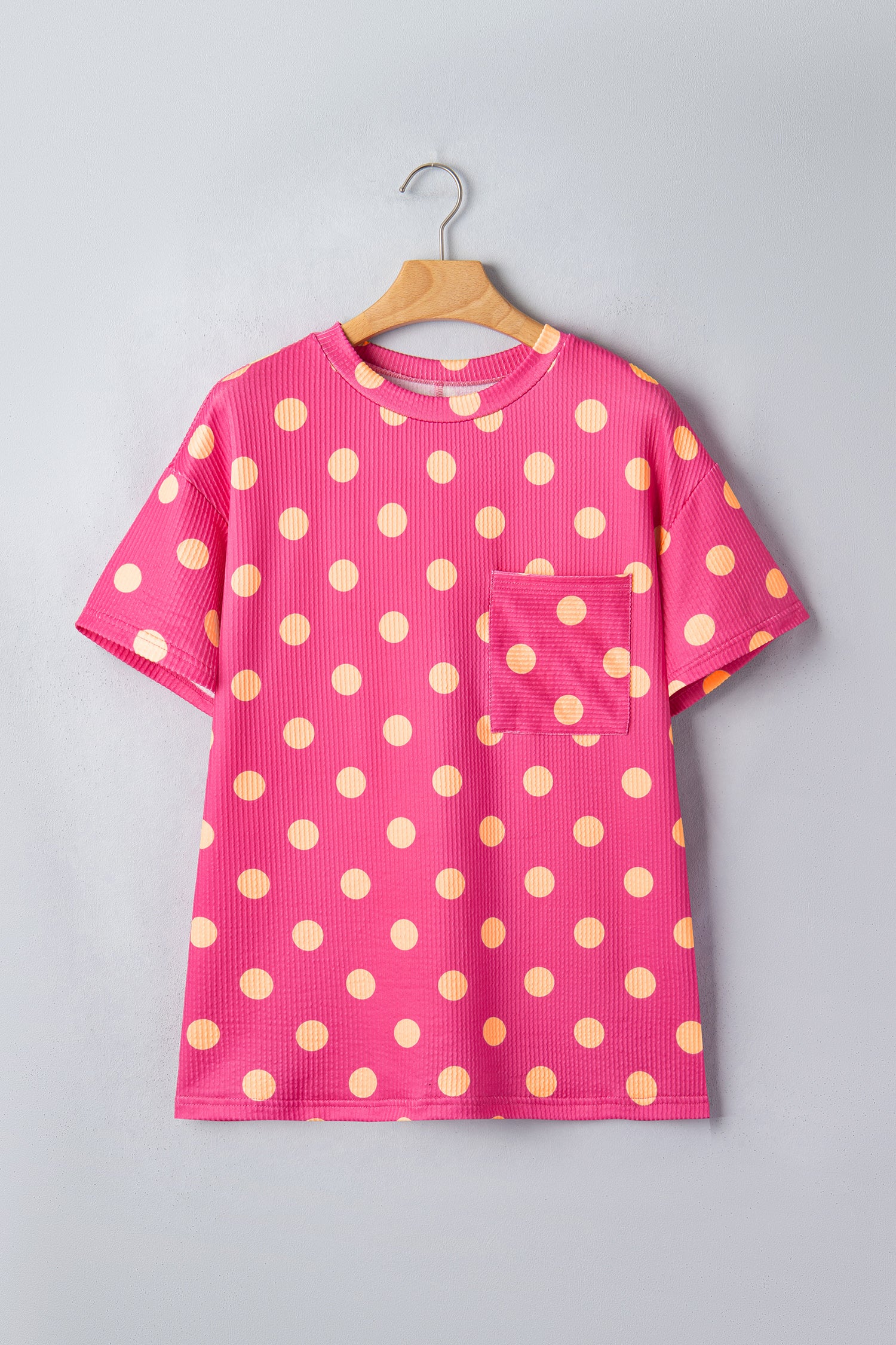 Sky Blue Polka Dot Round Neck Drop Shoulder Patch Pocket Jacquard Texture Top