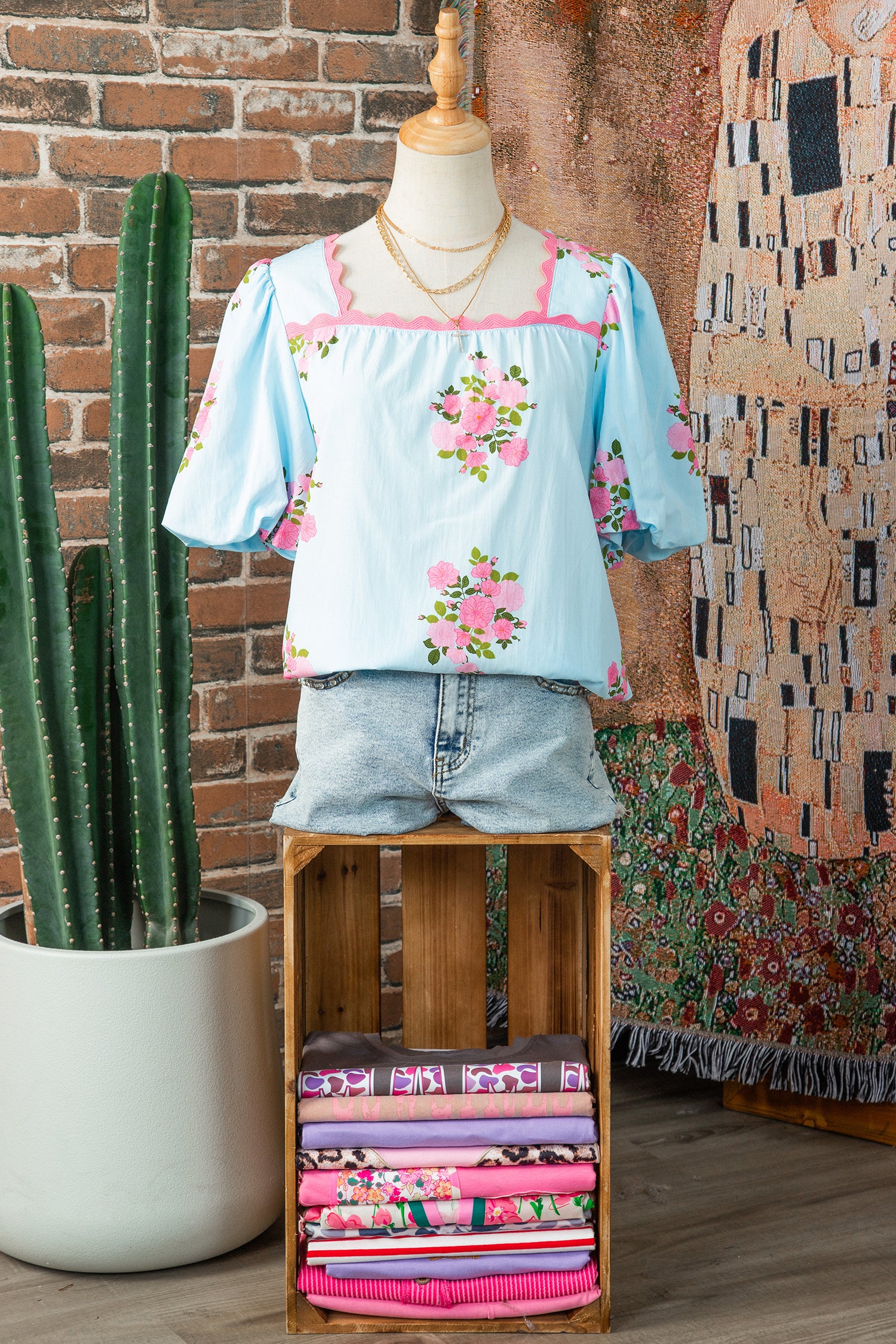 Sky Blue Floral Printed Contrast Ricrac Detail Bubble Sleeve Blouse